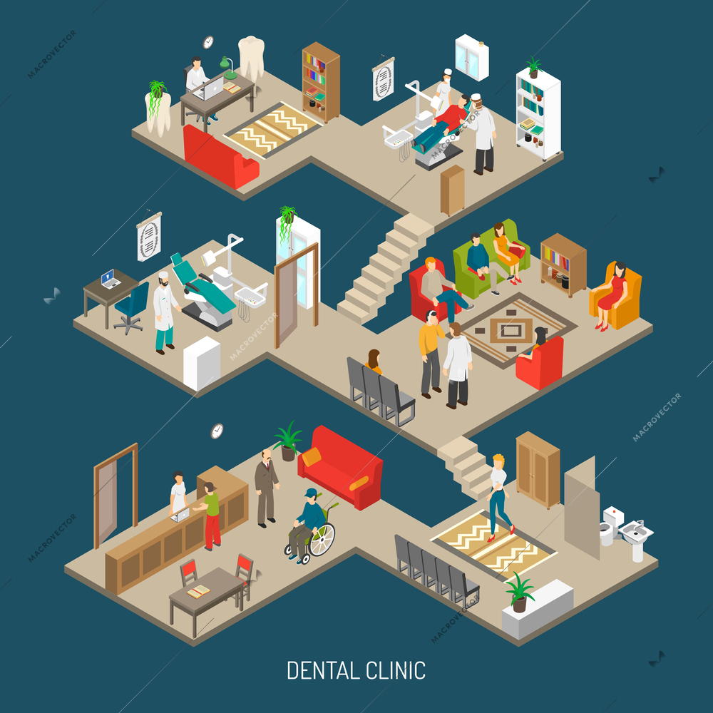 Dental practice clinic building isometric composition poster with operation room  doctor office and reception abstract vector illustration