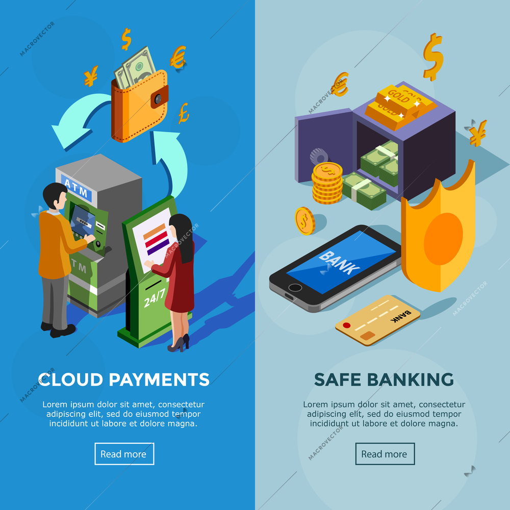 Isometric vertical bank banners with safe banking icons and cloud payments concept with people near terminal vector illustration