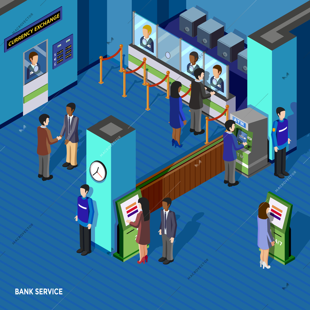 Bank service isometric concept with people inside bank currency exchange window atm and employees vector illustration