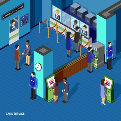 Bank service isometric concept with people inside bank currency exchange window atm and employees vector illustration