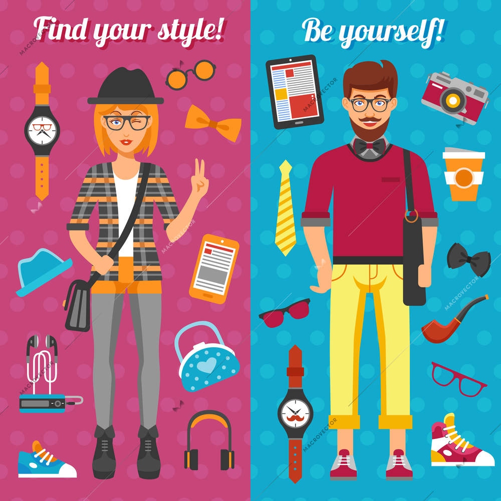 Hipster boy and girl vertical banners with young stylish persons and fashionable colorful stuff isolated vector illustration