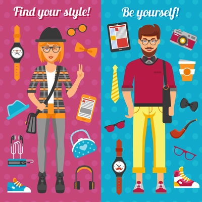 Hipster boy and girl vertical banners with young stylish persons and fashionable colorful stuff isolated vector illustration