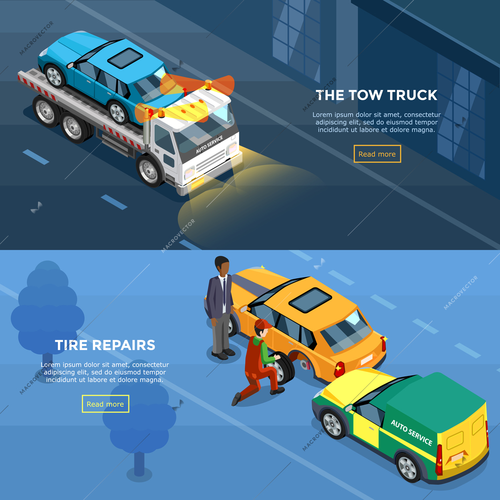 Two isometric car service horizontal banners with tire repairs and tow truck design compositions vector illustration