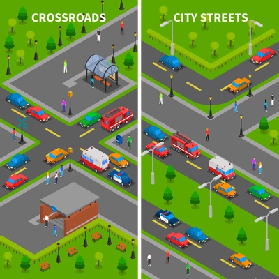 Street traffic isometric vertical banners set with crossroads underpass bus stop pedestrians trucks and cars vector illustration