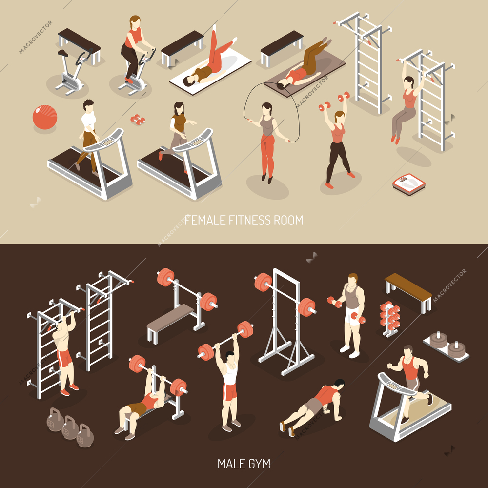 Fitness isometric horizontal banners with female training room male gym scales ladder weight dumbbells isolated vector illustration