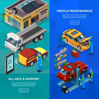 Car service vertical banners set of technical support information and vehicle maintenance advertising isometric design  elements vector illustration