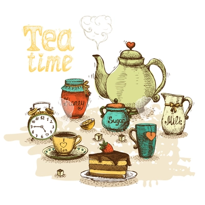 Tea time still life set vector illustration