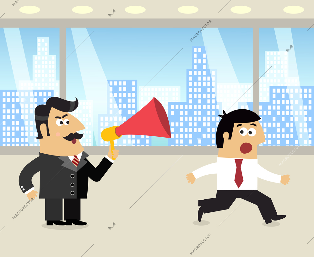 Business life boss with loudspeaker and running frustrated employee scene vector illustration