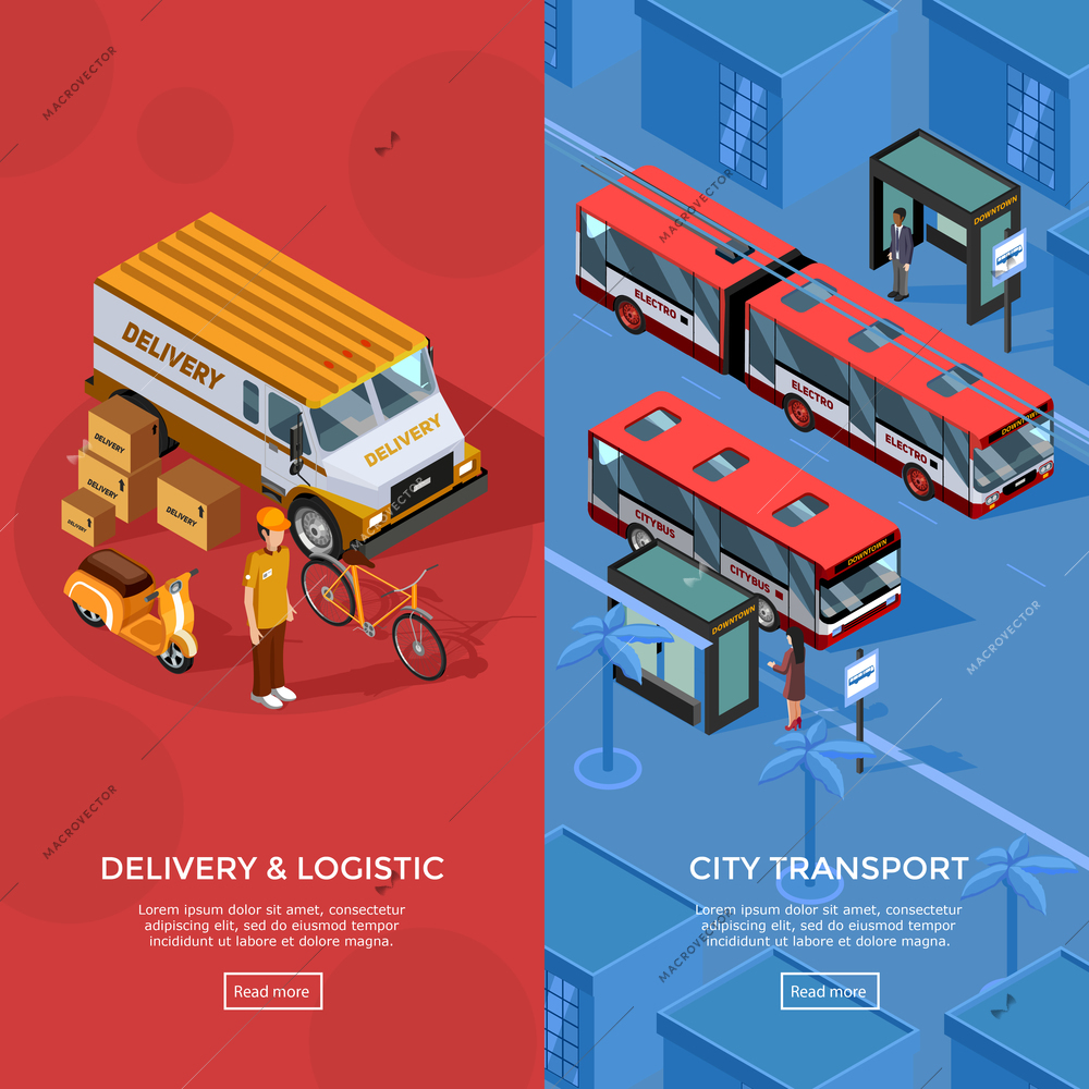 Two vertical isometric transport banners set of city transport and logistic compositions with passengers waiting at bus stop delivery automobile courier and scooter vector illustration