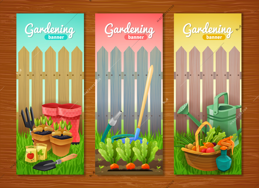 Colorful collection of gardening vertical banners with tools sprout in pots and garden beds and basket of harvest at wooden fence background flat vector illustration