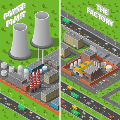 Industrial area 2 vertical isometric banners composition with factory and power plant wide chimneys abstract vector illustration