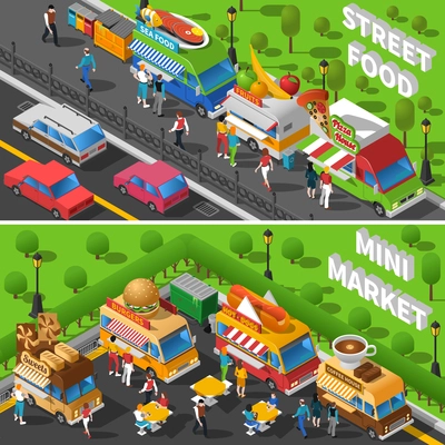 Street Food Isometric Concept. Food Car Horizontal Banners Set. Street Food Cart Vector Illustration. Street Food Truck Symbols. Street Food Truck Design Set.  Street Food Van Elements Collection.