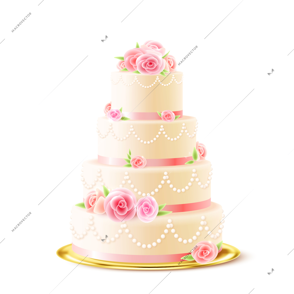 Classic 3 tiered delicious wedding cake with white icing decorated with cream roses realistic image vector illustration