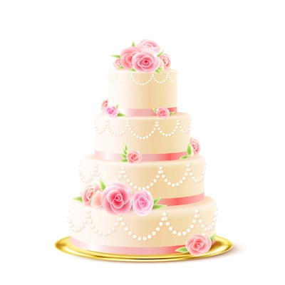 Classic 3 tiered delicious wedding cake with white icing decorated with cream roses realistic image vector illustration