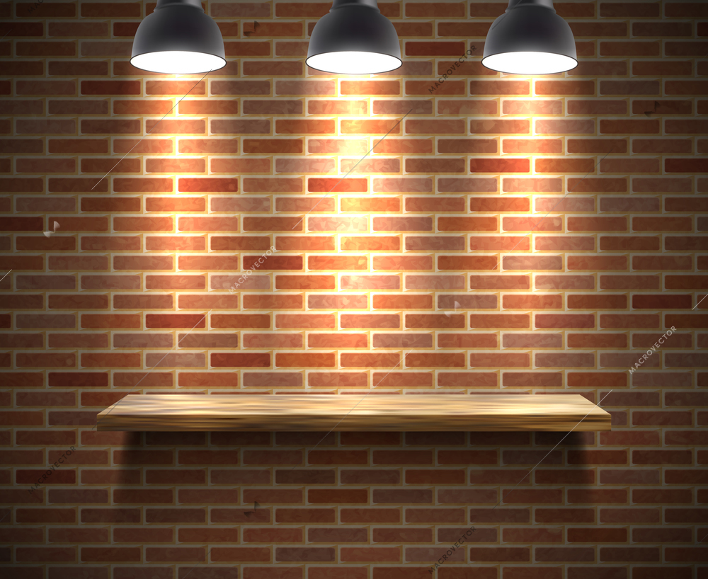 Realistic wooden empty shelf illustration on a brick wall under the spotlight with shadow vector illustration