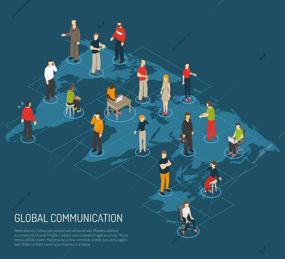 Isometric poster of people connected to global communication on world map dark blue background vector illustration