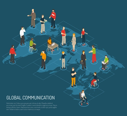 Isometric poster of people connected to global communication on world map dark blue background vector illustration