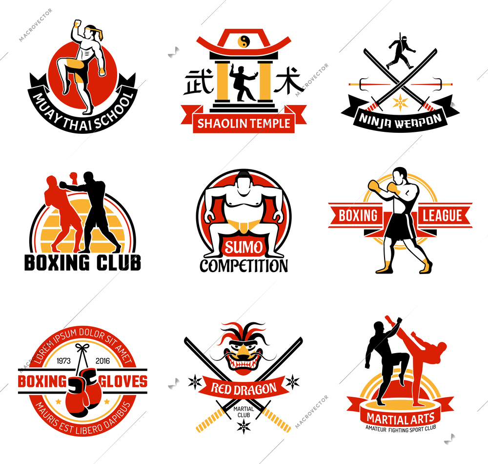 Martial clubs colorful emblems with edged weapon sumo boxing chinese temple combat skill school isolated vector illustration