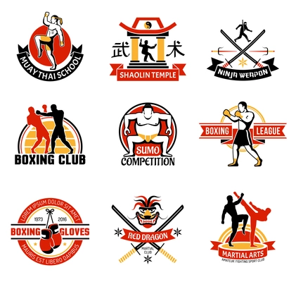 Martial clubs colorful emblems with edged weapon sumo boxing chinese temple combat skill school isolated vector illustration