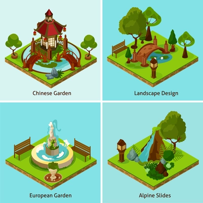 Isometric 2x2 chinese garden european garden and alpine slides landscape design concept isometric isolated vector illustration