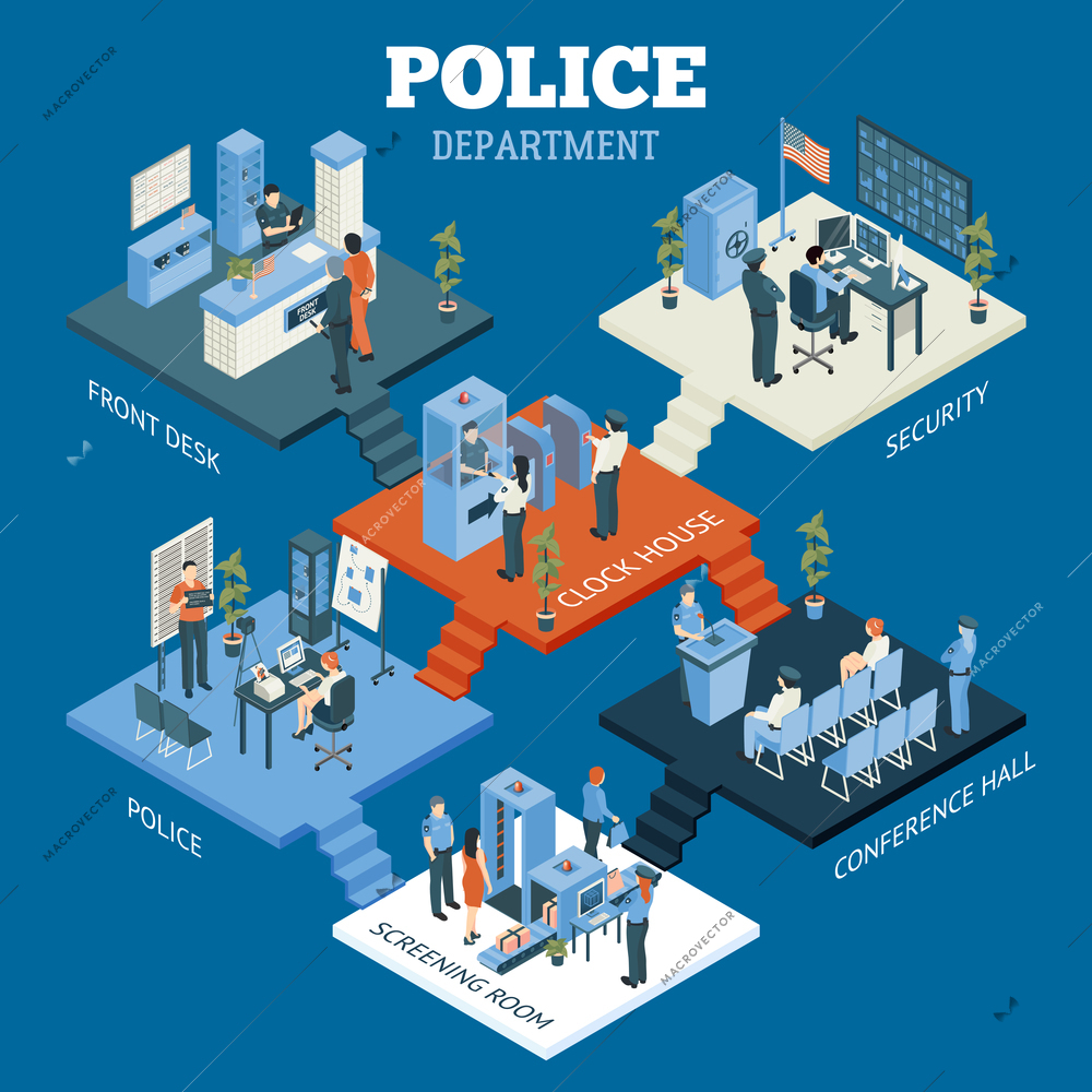 Police department isometric concept with screening room and conference hall symbols on blue background vector illustration