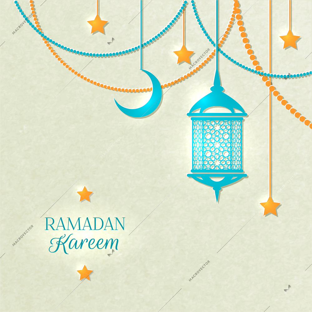 Ramadan light color poster with beads yellow lamp and stars hanging from the ceiling on gray background vector illustration