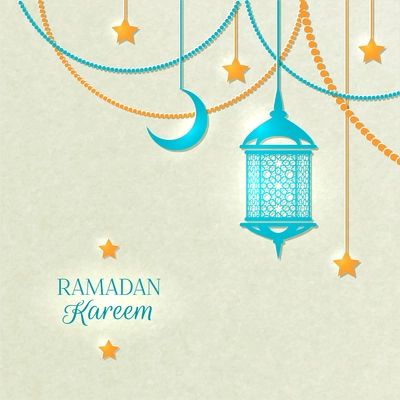 Ramadan light color poster with beads yellow lamp and stars hanging from the ceiling on gray background vector illustration