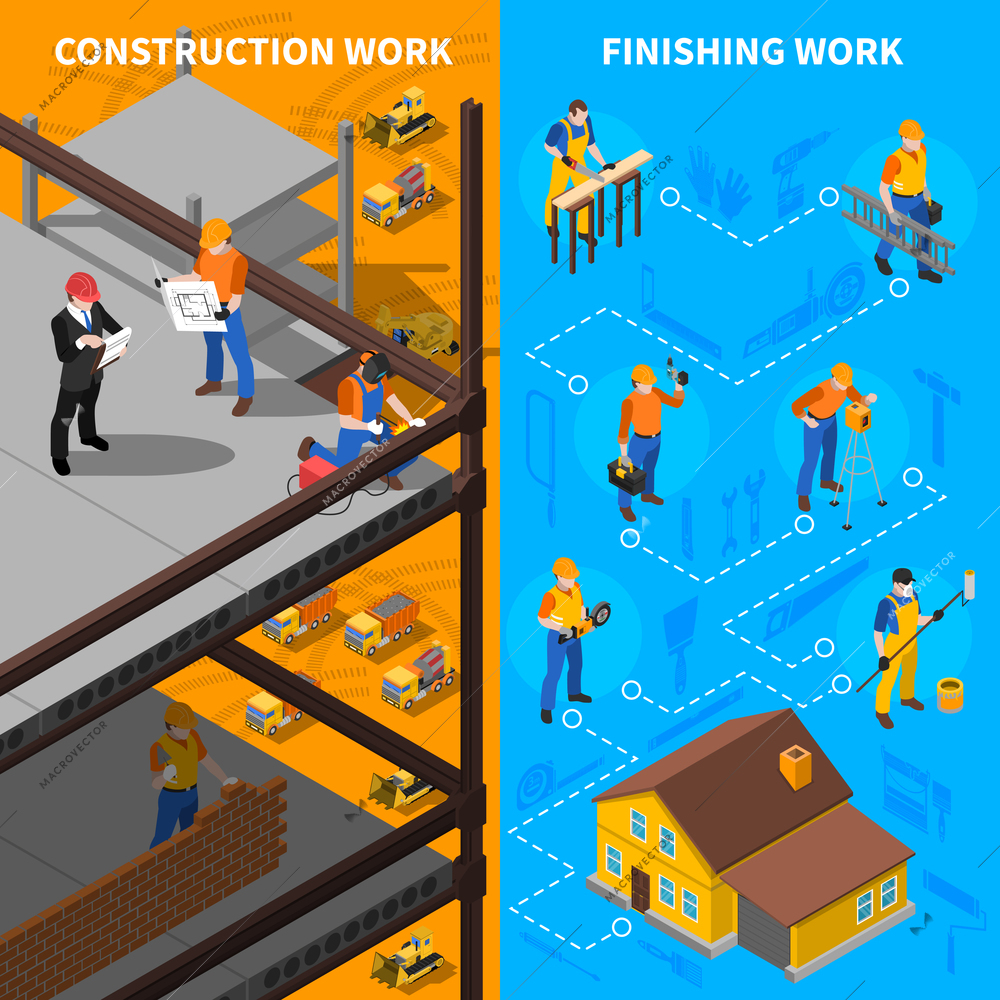 Construction Workers Isometric Concept. Builders Vertical Banners. Construction Workers Vector Illustration. Construction Workers Set. Building Design Symbols.Workers Elements Collection. Worker People Compositions.