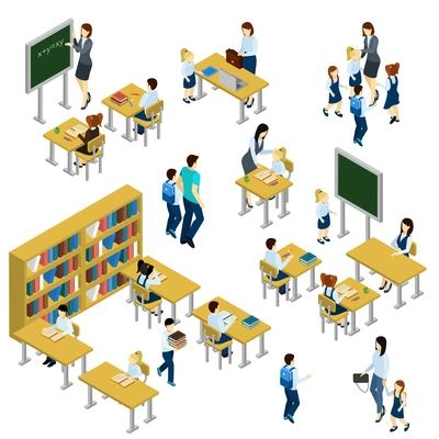 School isometric set with teacher children and school equipment isolated vector illustration