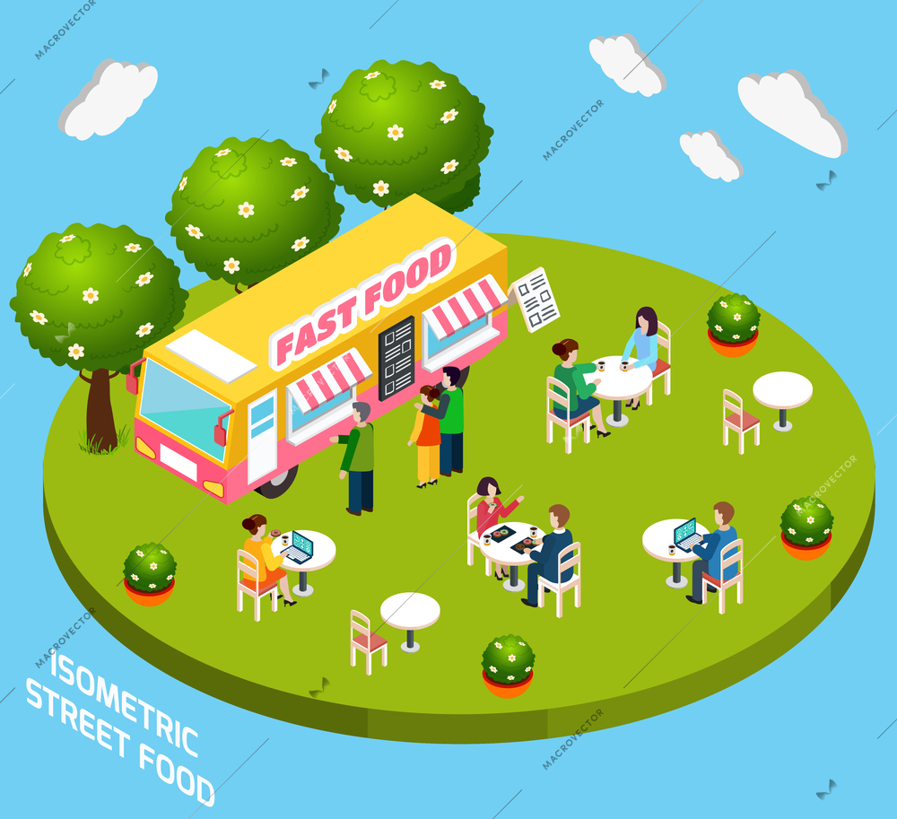 Street food cart ready to eat service selling hot dogs and pizza isometric poster abstract vector illustration