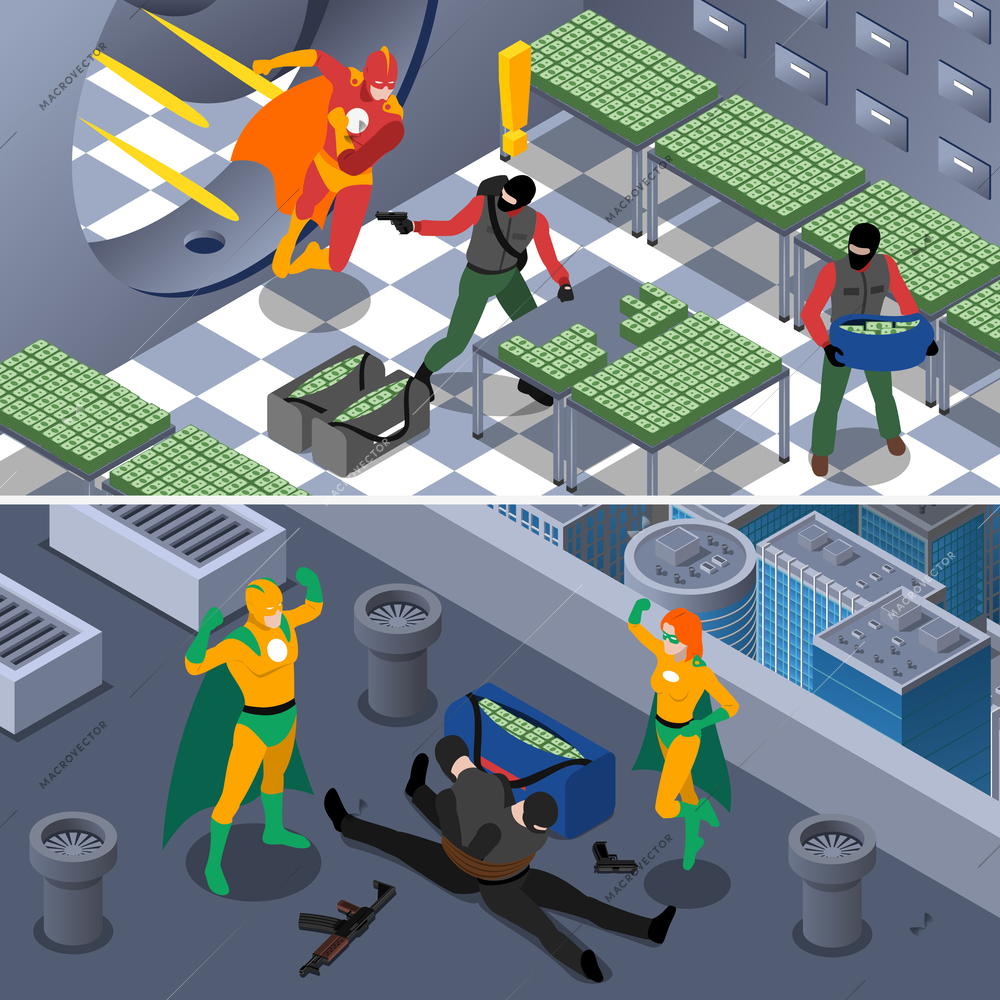 Superhero And Robbery Isometric Concept. Superheroes Horizontal Banners. Superhero Vector Illustration. Superhero And Bank Robbery Set. Superhero Saving Bank Design Symbols. Superhero Elements Collection. Superheroes And Robbery Compositions.