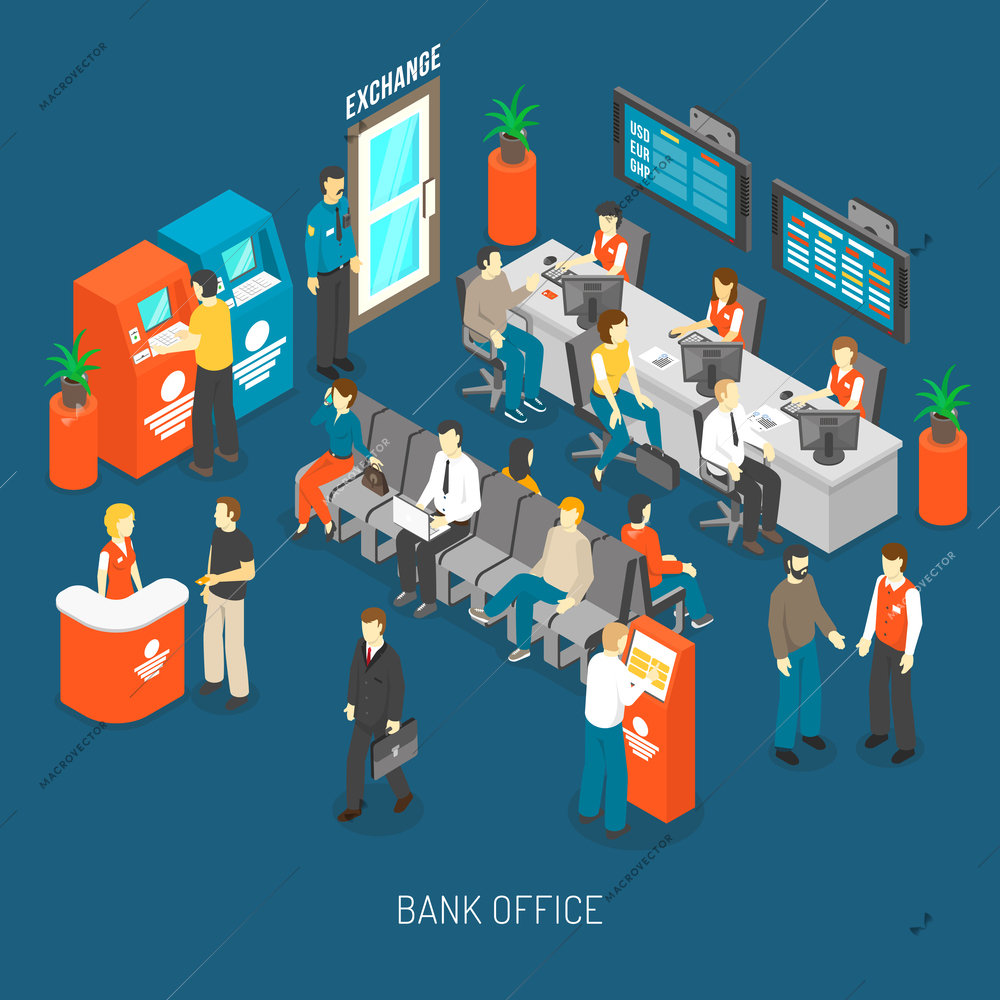 Bank Office Concept. Bank Office Interior. Bank Office Design. Bank Office Isometric Illustration. Bank Office Vector.
