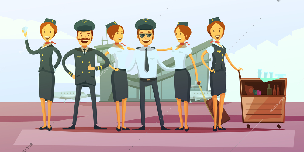 Plane crew cartoon background with pilot and flight attendants vector illustration