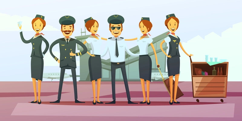 Plane crew cartoon background with pilot and flight attendants vector illustration