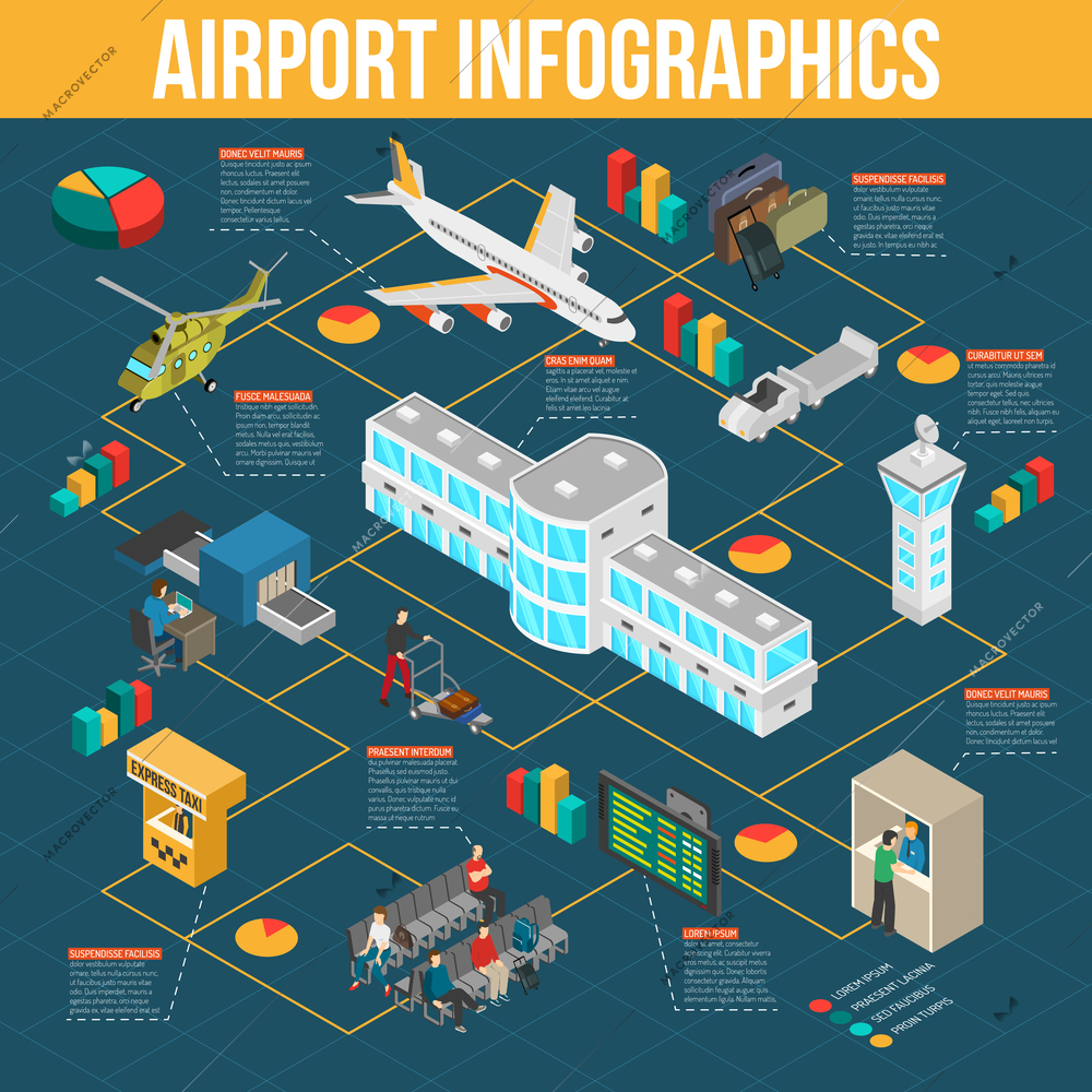 Airport infographics with diagrams and pie charts of airport elements on dark blue background isometric vector illustration