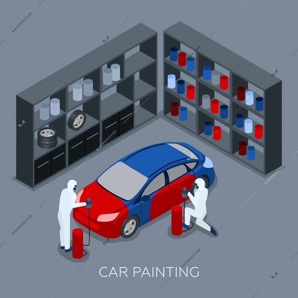 Professional car painting process by auto service garage with paint spraying gun isometric banner abstract vector illustration