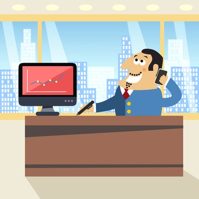 Business life happy boss in office with mobile phone pen and computer scene concept vector illustration
