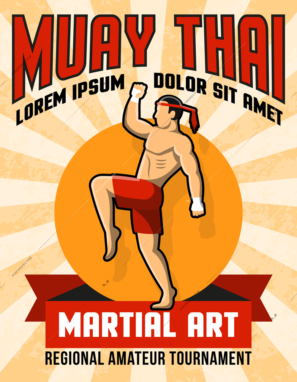 Muay thai martial art poster with fighter in center in yellow and red colors vector illustration