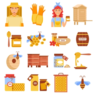 Honey beekeeping icon set with elements of beekeeping means for raising bees and honey vector illustration