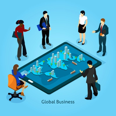 Global business isometric composition icons set with people standing around tablet vector illustration