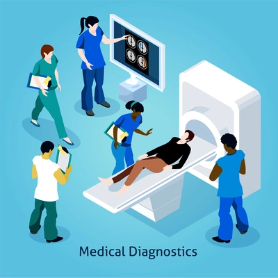 Patient on a reception with medical equipment at doctor isometric composition icons set vector illustration