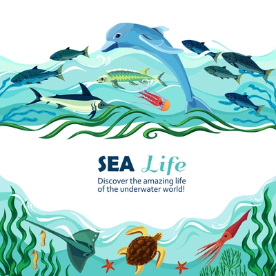 Cartoon vector illustration of sea life with exotic underwater inhabitants and shoal of fishes in marine waves