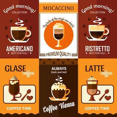 Set of six coffee posters with advertising of cup of hot fresh coffee premium quality for coffeehouse menu vector illustration