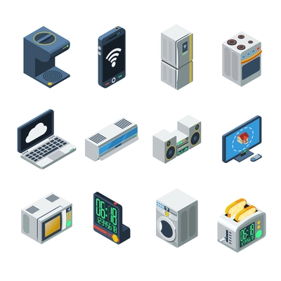 House appliances isometric  isolated icon set for kitchen living room and bathroom vector illustration