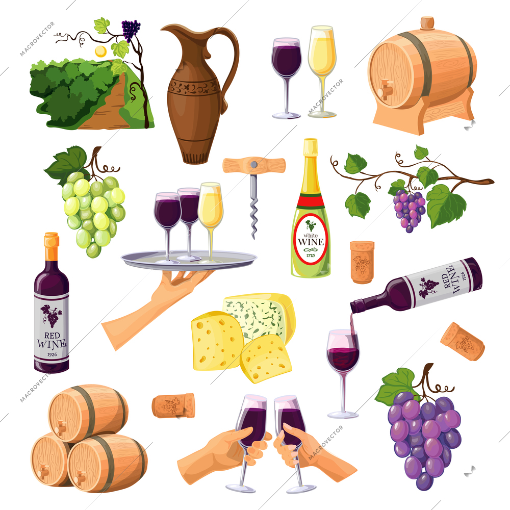 Color wine icons set on white background with glasses and bottles of red and white wine varieties jug and barrels flat vector illustration