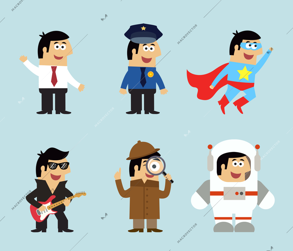 Professions icons set of manager policeman superman musician detective astronaut vector illustration