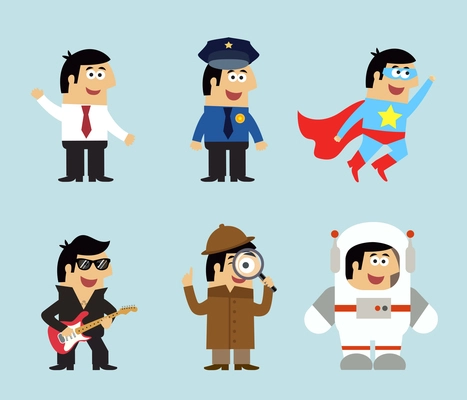 Professions icons set of manager policeman superman musician detective astronaut vector illustration