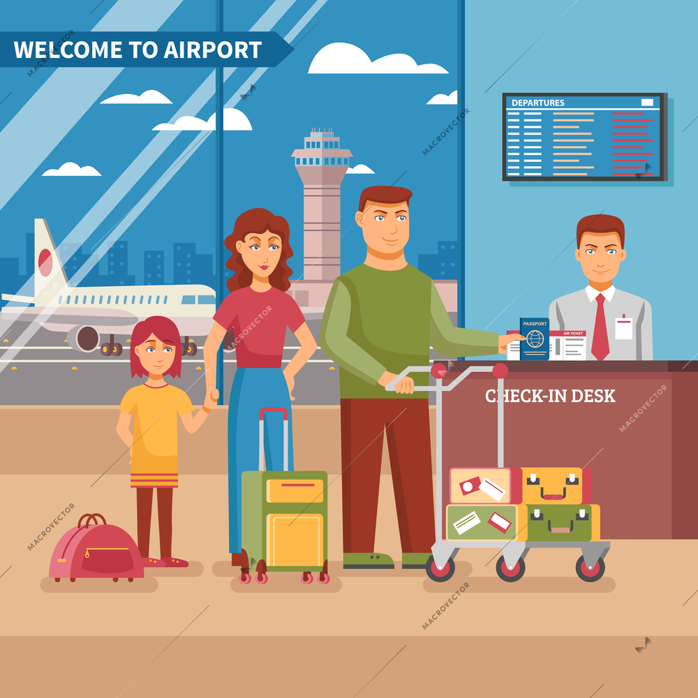 Airport work poster family at check in desk with his luggage before boarding a plane vector illustration