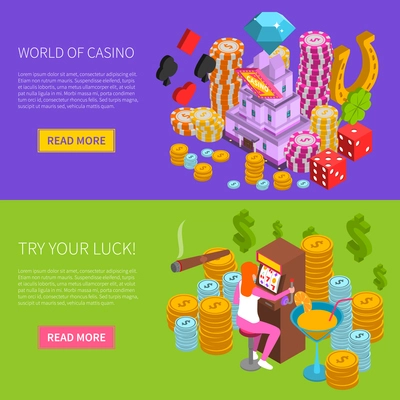 Casino horizontal isometric banners with gambling elements and girl at slot machine composition vector illustration