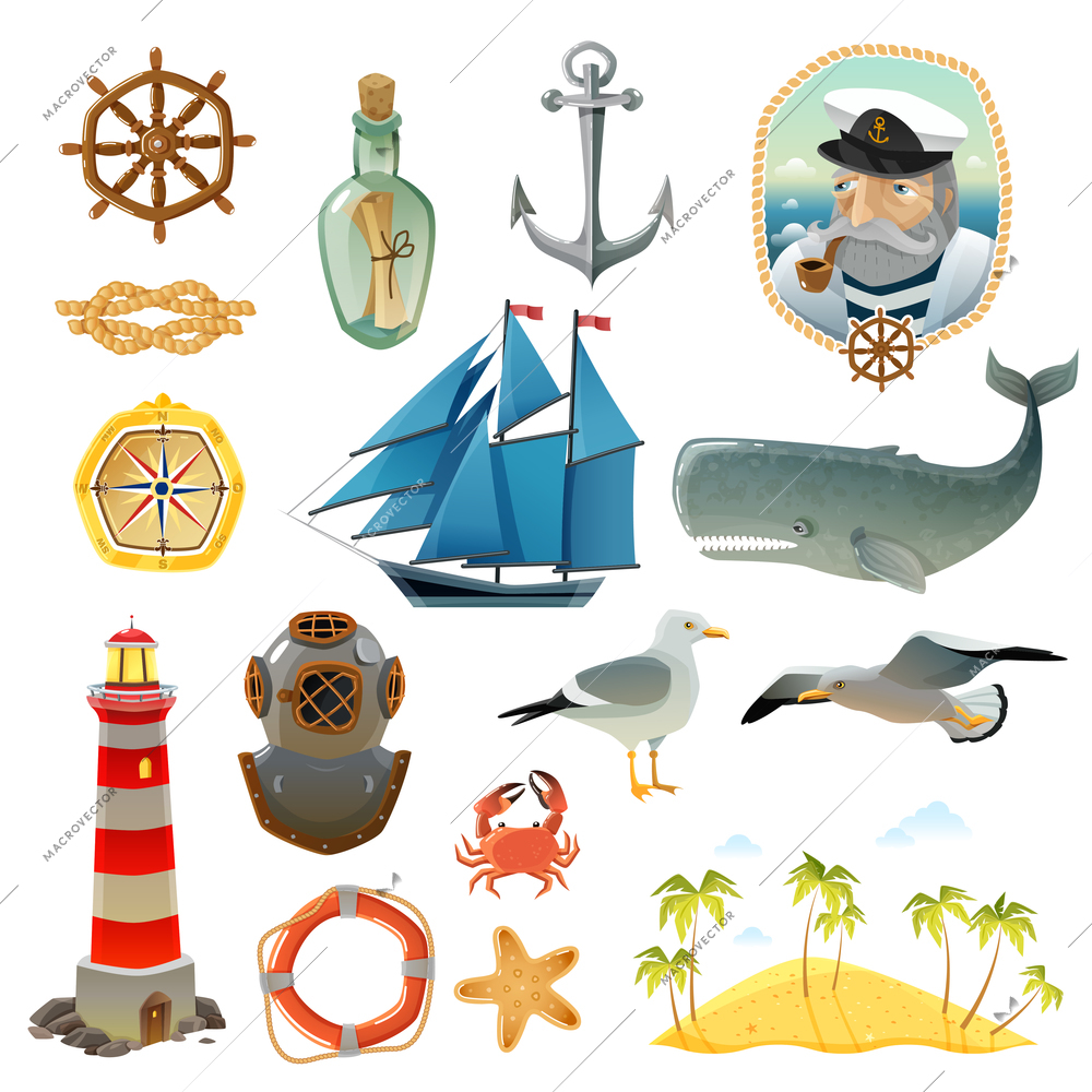 Sea nautical decorative color elements set of lighthouse captain with smoking pipe helm sailboat anchor isolated vector illustration